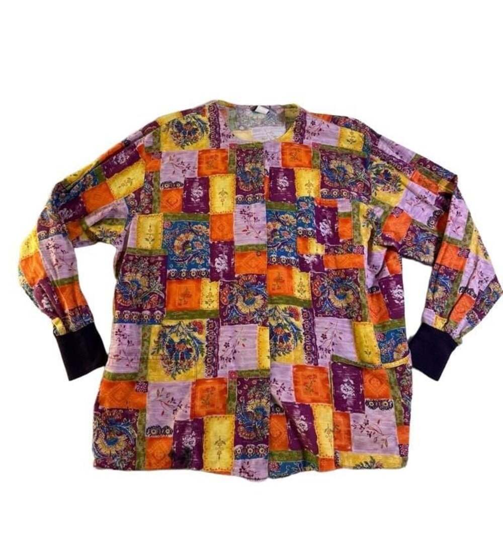 Barco Uniforms Vintage 90s Colorful Patchwork Floral Print Cotton Scrub Jacket S